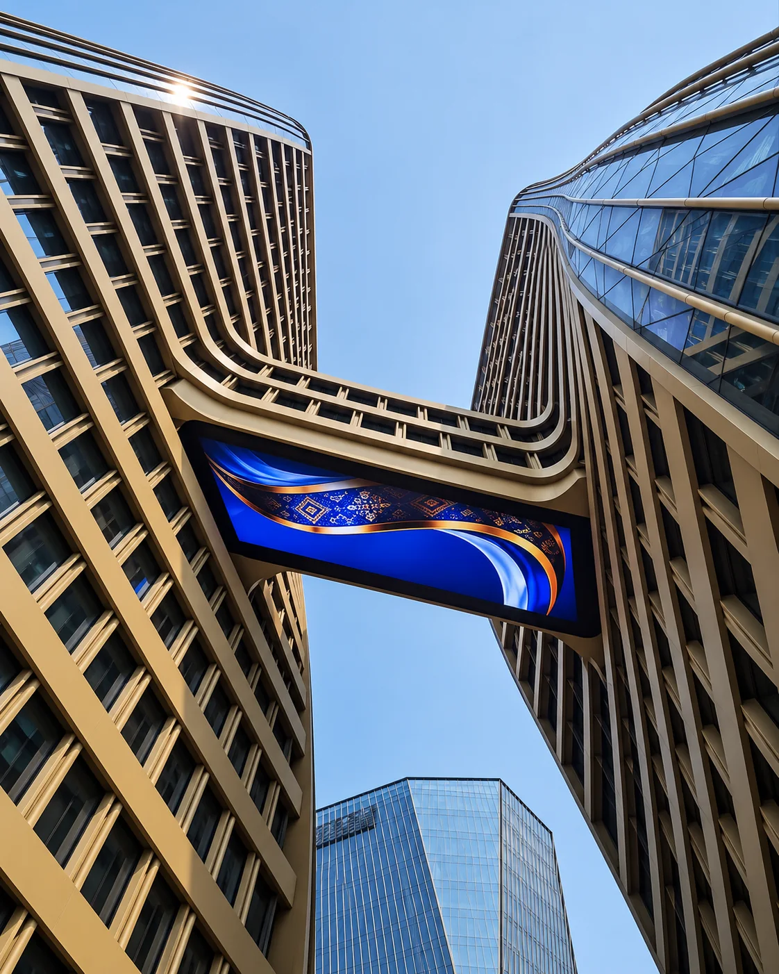 Two towers joined by a skybridge with a batik-patterned screen, seen from below