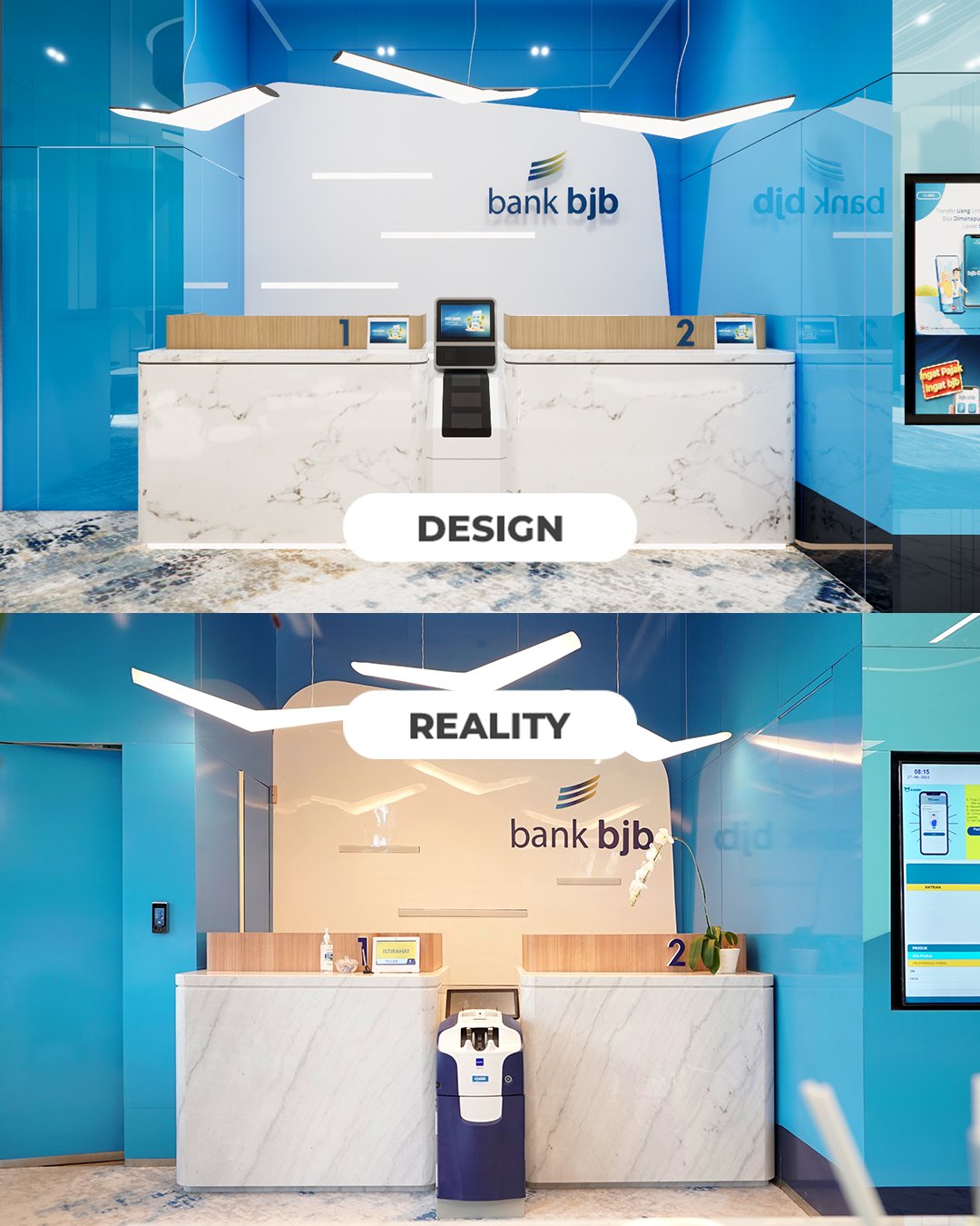 Perbandingan Desain 3D dan Hasil Terbangun – Presisi dalam Desain: Perbandingan Desain Interior 3D vs Reality Banking Hall BJB Binakarsa