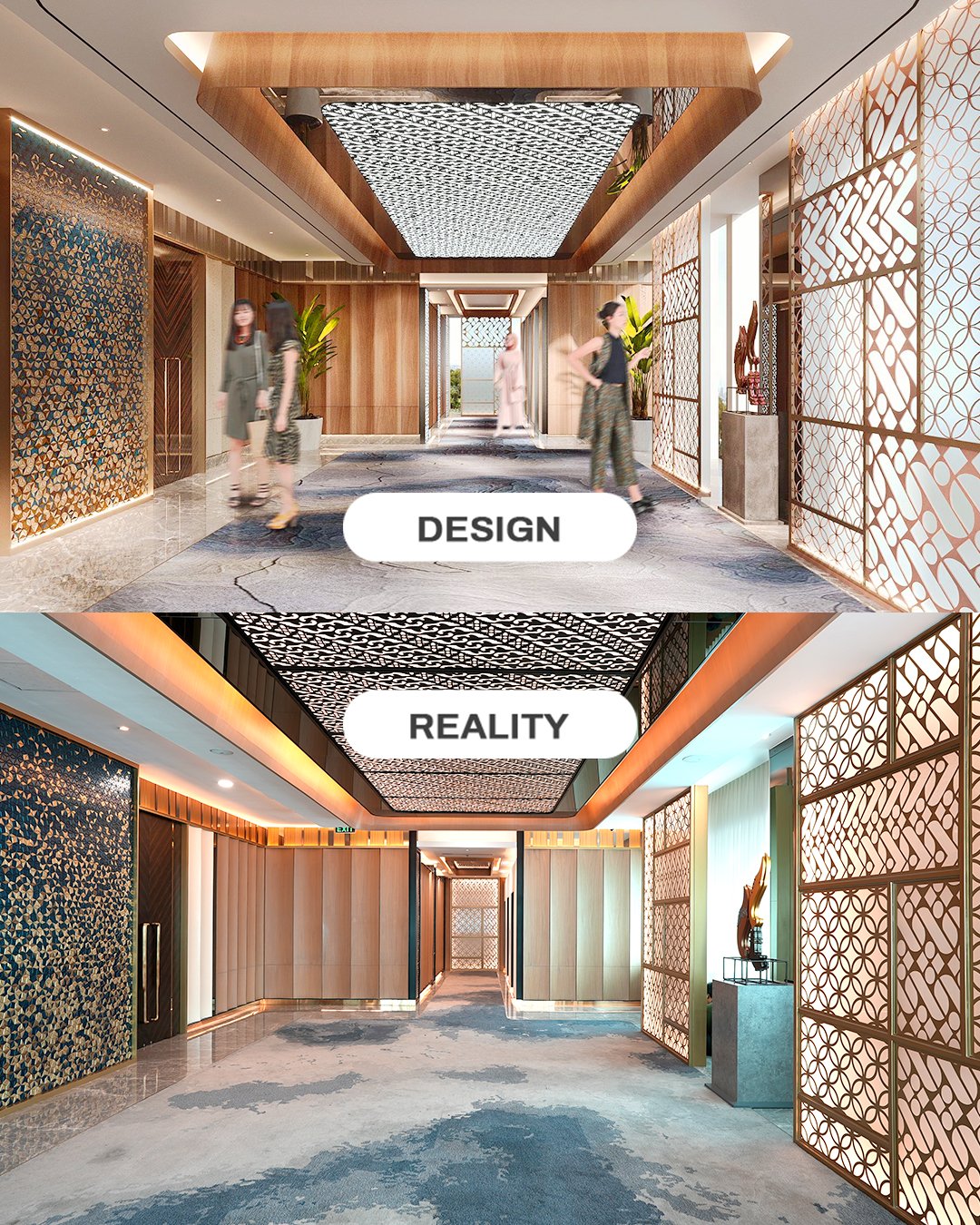 Konsep Desain: Mengangkat Budaya Kujang Jawa Barat – Perbandingan Desain 3D vs. Hasil Terbangun Ballroom BJB Tower Bandung