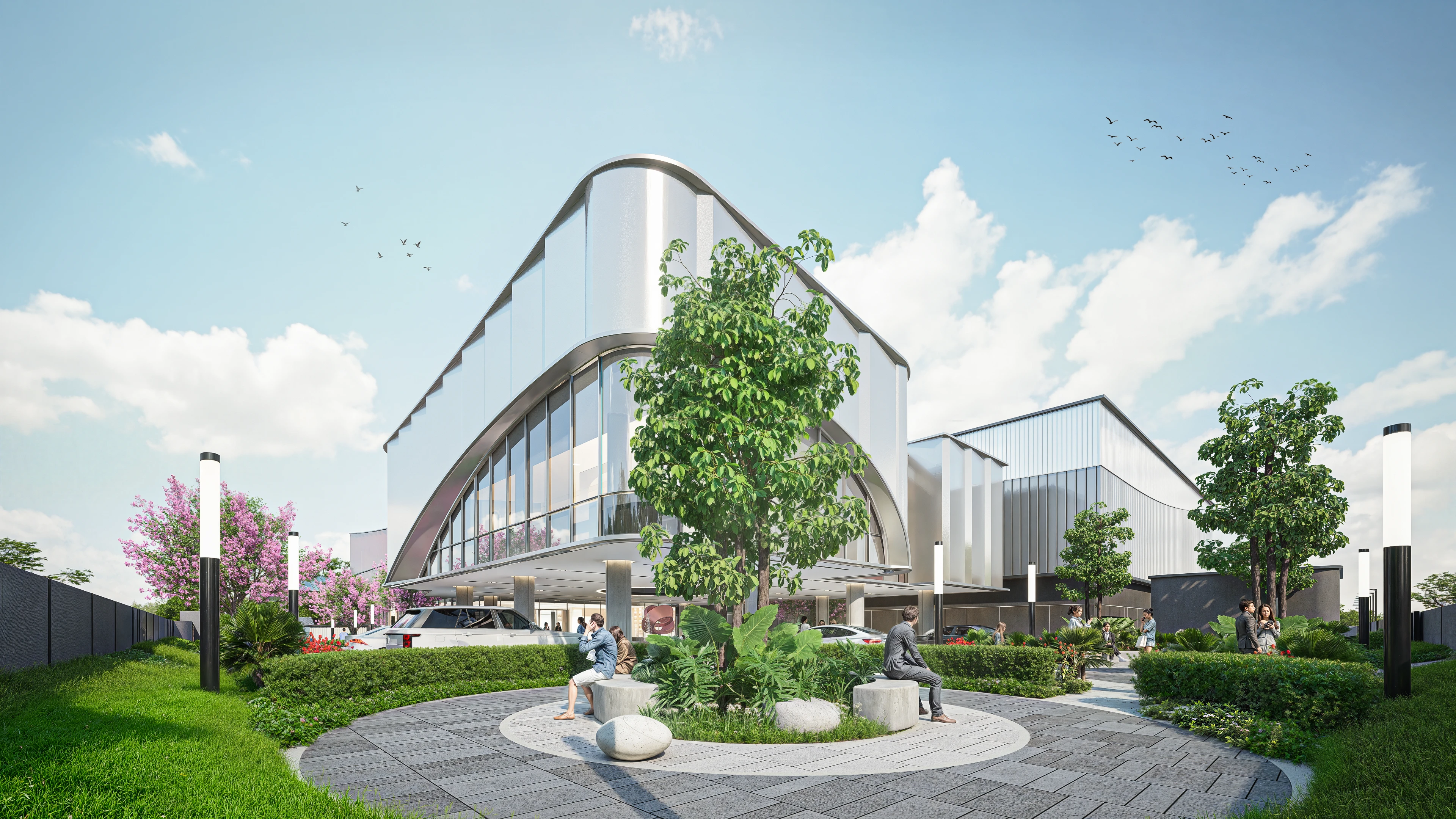 Perpaduan Nuansa Alam dan Industri pada Lanskap – Desain Pabrik & Kantor Kosmetik Modern: Karya Arsitektur Alien DC di Banten
