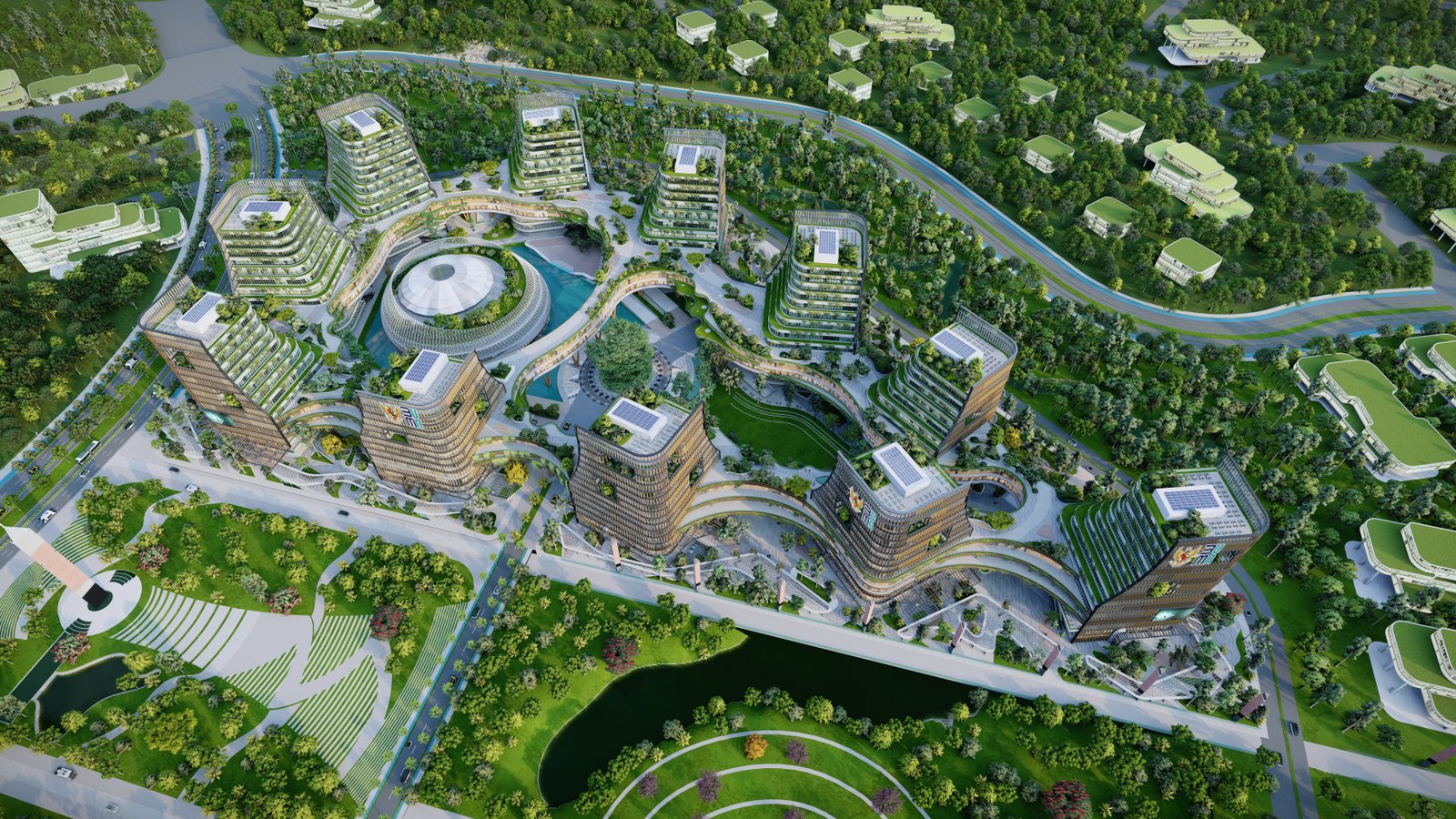 Basic design kawasan BUMN HQ di IKN Nusantara dibuat oleh Urban+ yang kemudian diterjemahkan dan dikembangkan oleh Alien Design Consultant.
