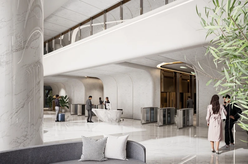 Harmoni Material dan Pencahayaan yang Memperkuat Identitas Brand – Interior Lobby Mandiri Financial Center PIK 2: Perpaduan Kemewahan