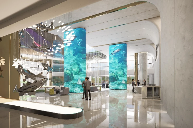 LED Wall Berskala Besar sebagai Pusat Pengalaman Ruang – Interior Lobby Mandiri Financial Center PIK 2: Perpaduan Kemewahan Modern dan