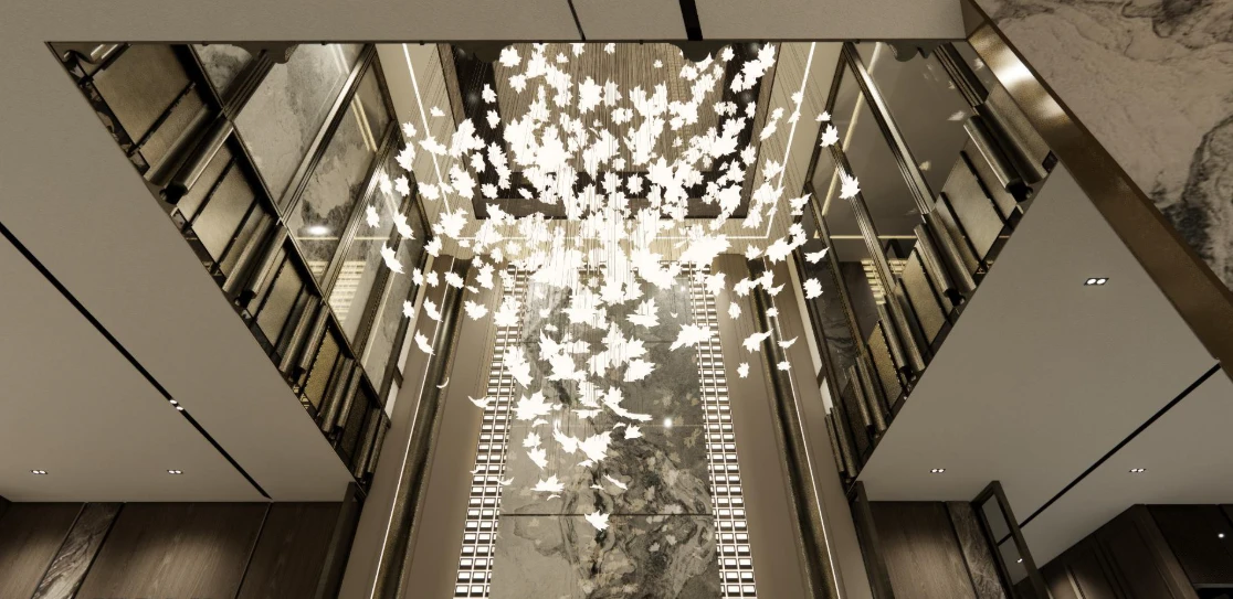 Material dan Pencahayaan – Desain Interior Lobby BNI Emerald Tower di PIK 2