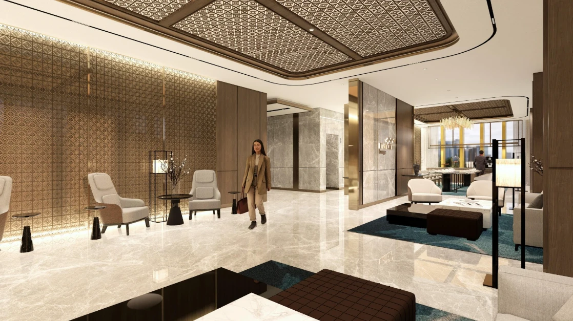 Area VIP Lounge — panel emas geometrik, kursi lounge upholstery krem, karpet teal, dan lantai marmer polished