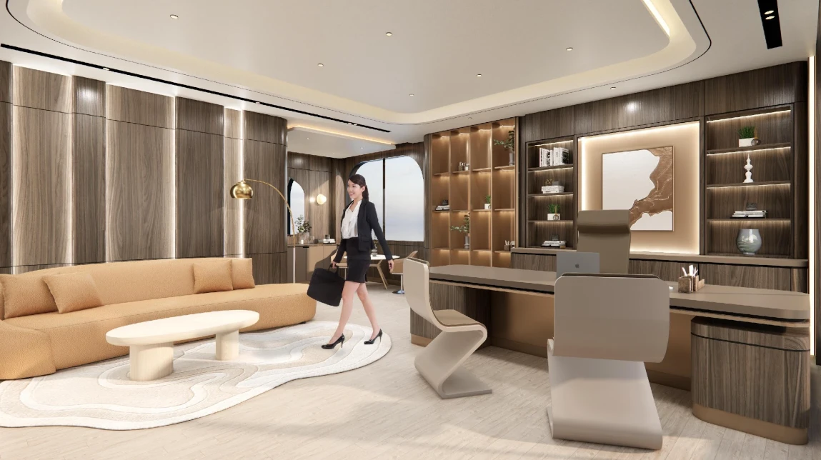 Ruang CEO: kursi sculptural melengkung, karpet organik, panel kayu berlapis, dan aksen keemasan.