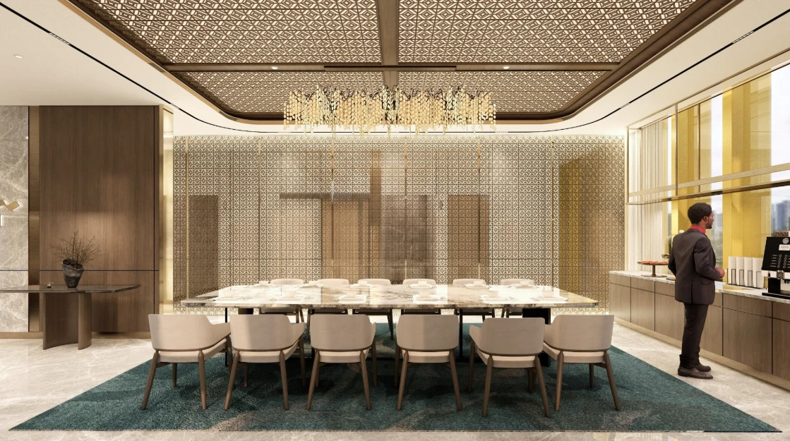 Dining Lounge — chandelier kristal, panel emas backlit bermotif Nusantara, dan meja marmer utama