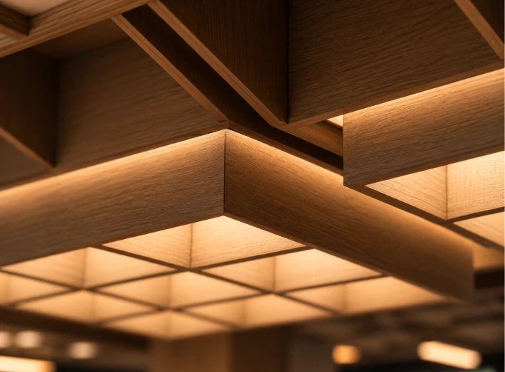 Pendant HPL woodgrain dengan detail grid