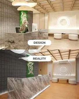 Perbandingan Desain Interior 3D dan Hasil Terbangun Kantor Sushi Tei oleh Alien Design Consultant